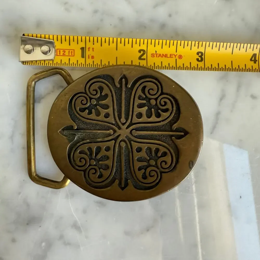 Vintage BTS Solid Brass Belt Buckle Made in USA Clover Floral Design